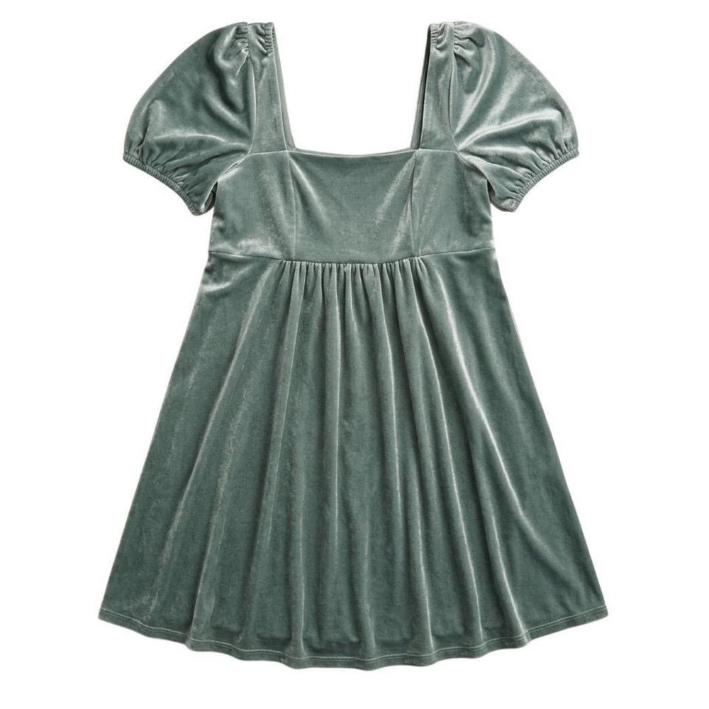 Vylette Sage Green Velvet Babydoll Mini Dress XXL Puff Sleeve Square Neck